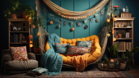 Comfortable armchair with pillows and knitted plaid in interiorの素材