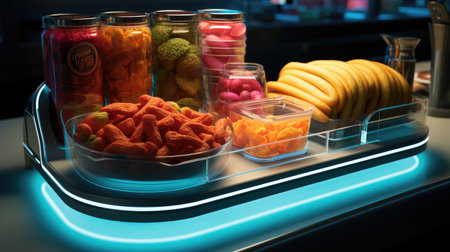 various colorful candies in plastic containers on conveyor beltの素材
