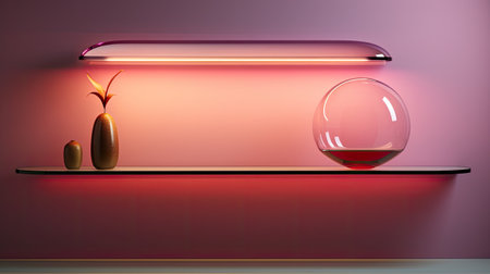 a glass vase on a shelf against a pink wallの素材