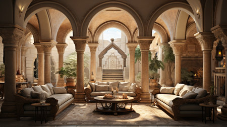 Interior of a hotel lobby with arches and sofasの素材