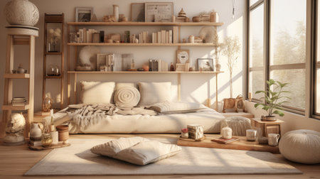Interior of modern bedroom with comfortable bed, bookshelf and windowの素材