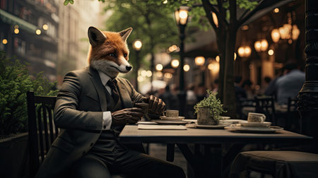 Red fox in a suit sitting at a table in a street cafeの素材