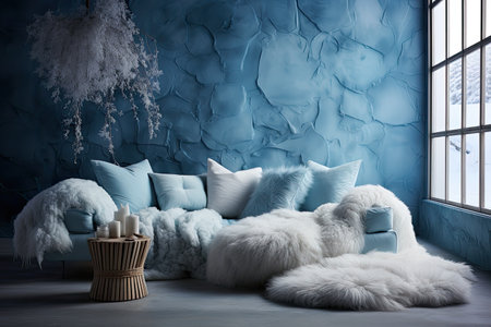 Interior of blue living room with white sofa and blue wallの素材