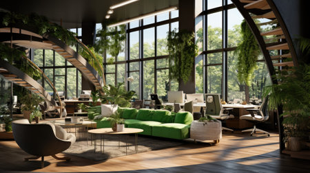 Modern office interior design with furniture and plants.の素材