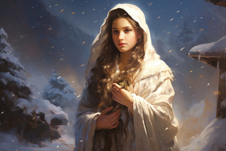 Beautiful young woman in winter forest. Christmas nativity scene.の素材