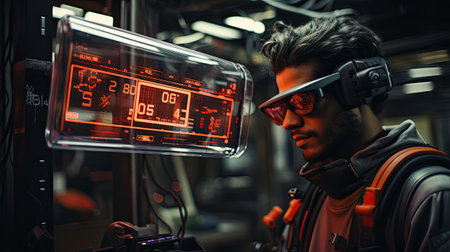 Young man in virtual reality goggles in a dark room.の素材