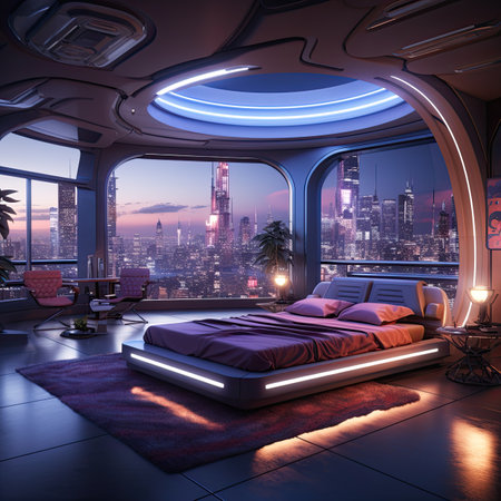 modern bedroom interior with night city view in the backgroundの素材
