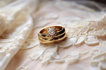wedding rings on a white lace background, close-upの素材