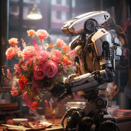 Robot with flower bouquet in a coffee shop.の素材