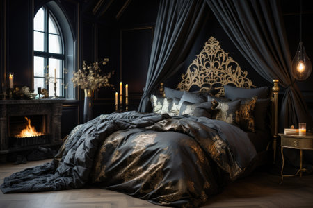 Luxury interior of the bedroom with black linens on the bedの素材