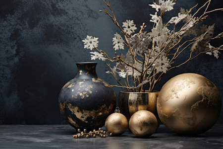 Still life with golden vases and christmas decorations on dark backgroundの素材