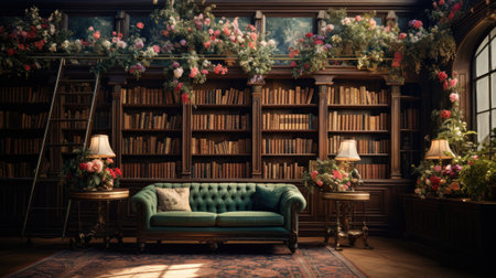 Luxury library interior with a green sofa, bookshelves and flowers.の素材