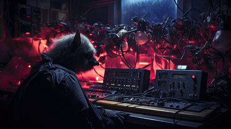 Hooded man playing electronic music in dark room with lights and smokeの素材