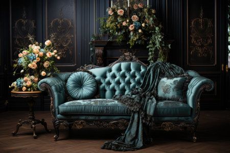 Luxury classic interior of the room. Classic sofa, armchair, coffee table and flowers.の素材