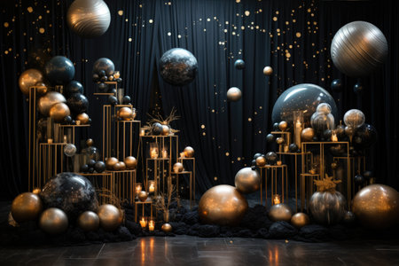 Christmas decorations with black curtains and golden balls.の素材