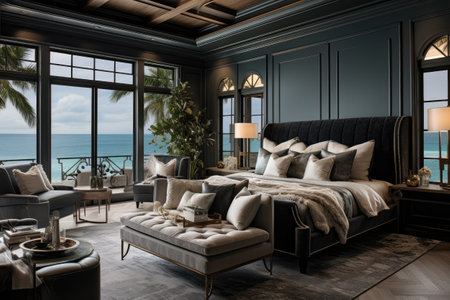 Luxury bedroom interior with sea viewの素材