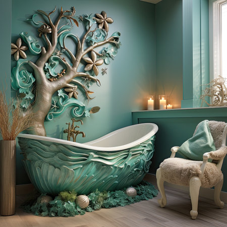 Bathroom interior with green wall, green bathtub, armchair, round mirror and plants.の素材