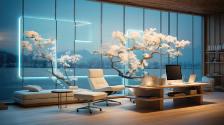 Modern office interior with city view and window.の素材