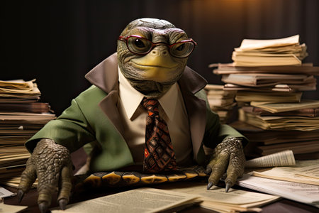 Close up of a frog in a suit and glasses sitting on the desk.の素材