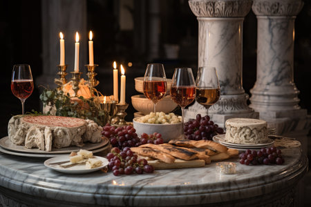Wine, cheese, grapes and wine glasses on a table in a restaurantの素材