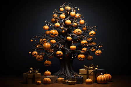 Halloween tree with pumpkins and gifts on black background.の素材