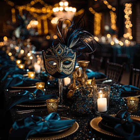 Beautiful Venetian carnival mask on a table in a restaurantの素材
