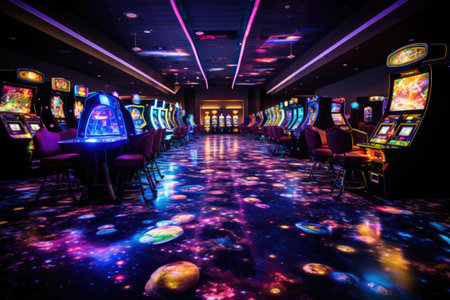 Luxury casino interior with slot machines and neon lights. Concept of entertainment.の素材