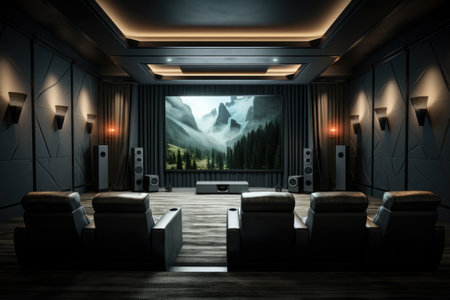 Interior of modern living room with furniture, tv and mountains.の素材