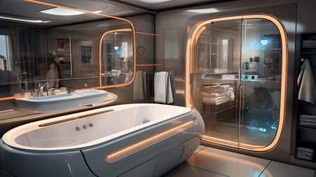 Interior of modern bathroom with white walls, concrete floor, comfortable white bathtub and double sink.の素材