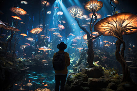 Woman looking at the beautiful fishes in aquarium.の素材