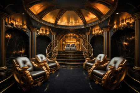 a dark room with golden armchairs and lightsの素材