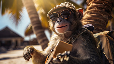 Cute monkey sitting on a palm tree and playing the guitar.の素材