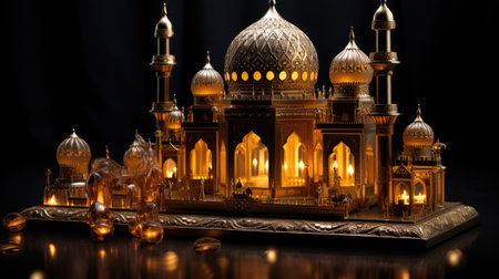 Arabic lanterns in the shape of a mosque on a black backgroundの素材