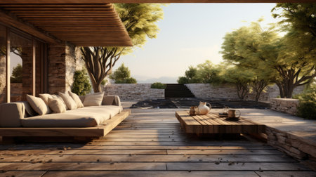 terrace with sofa and table in the gardenの素材