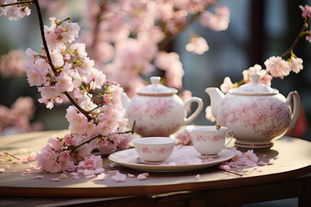 Cup of tea and teapot with pink cherry blossomsの素材
