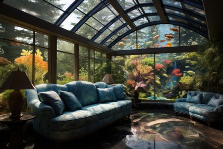 Interior design of a modern living room with blue sofa and plantsの素材