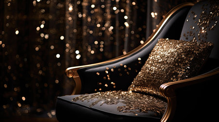 Luxury black leather armchair with golden sequins.の素材