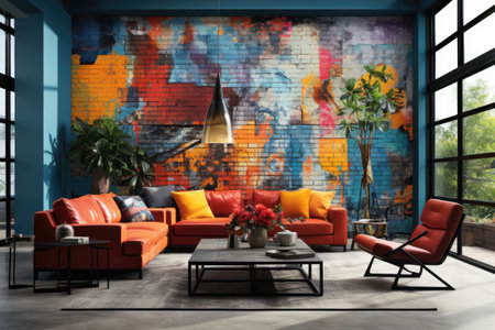 Interior of modern living room with colorful wall and orange sofaの素材