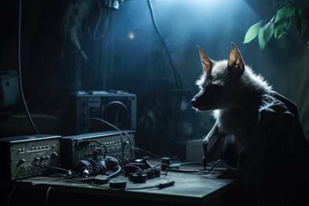 Abandoned dog in the dark room at night with lights and smokeの素材