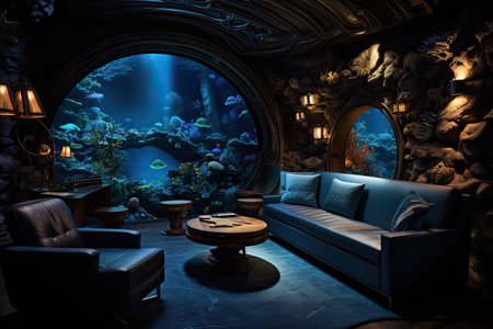 Interior of an underwater cave with a sofa and a blue sofaの素材