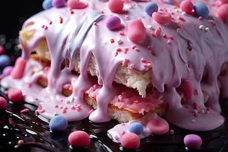 Cake with pink icing and marmalade on a black backgroundの素材