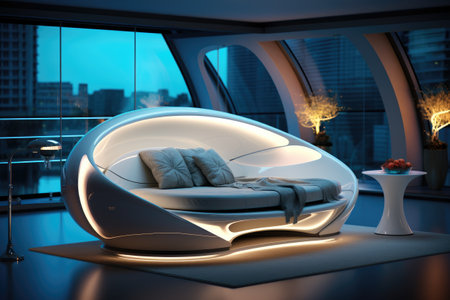 Modern interior design of a living room with a white sofa and a round coffee table.の素材