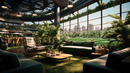 Interior of a modern hotel lobby with a view of the cityの素材