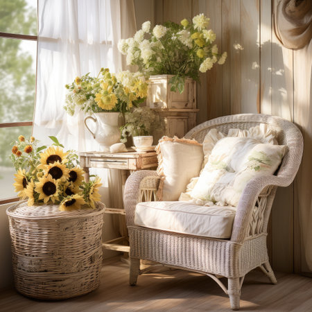 Comfortable armchair with cushions and sunflowers in a cozy roomの素材