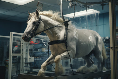 Rear view of a white horse standing in a modern laboratory.の素材