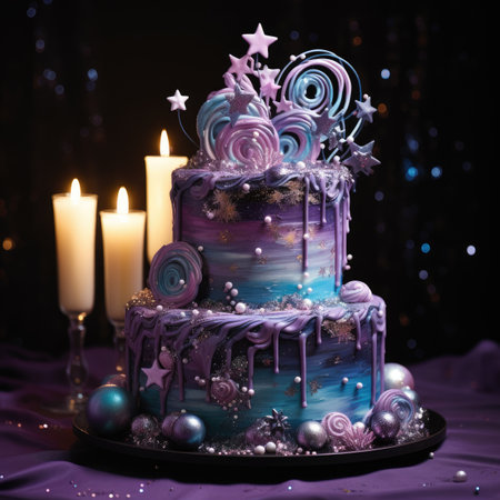 Birthday cake decorated with purple and blue flowers and stars on a dark backgroundの素材