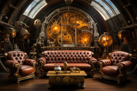 Luxury interior of an old house. Leather sofa and clock.の素材