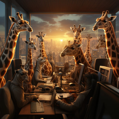 Giraffes working in the office at nightの素材