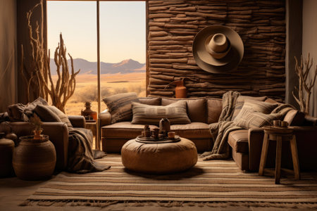 Interior of a living room with a panoramic view of the desertの素材