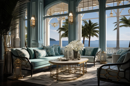 Luxury living room with sea view and blue sofa.の素材